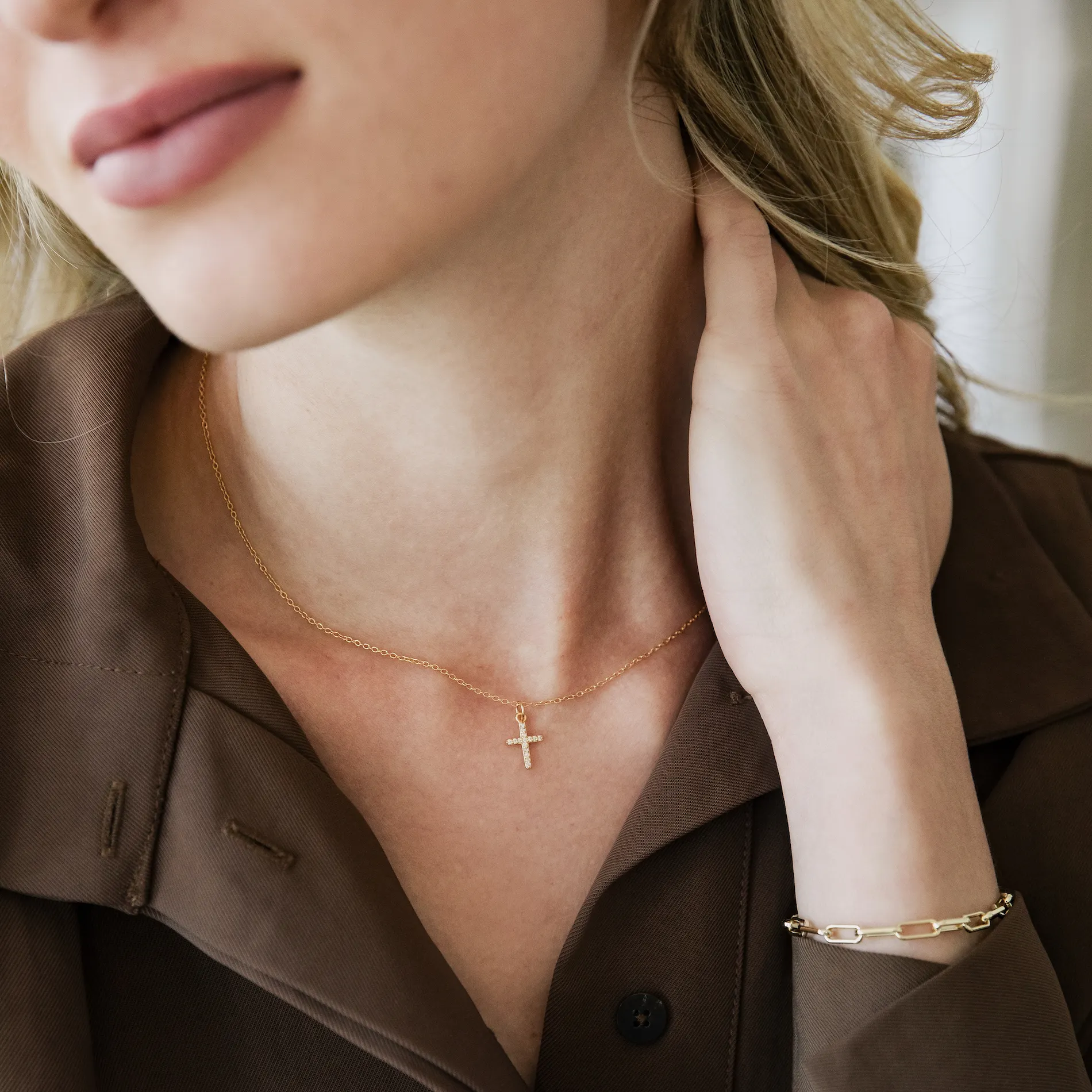 Pavé Cross Necklace - Gold - Image 2