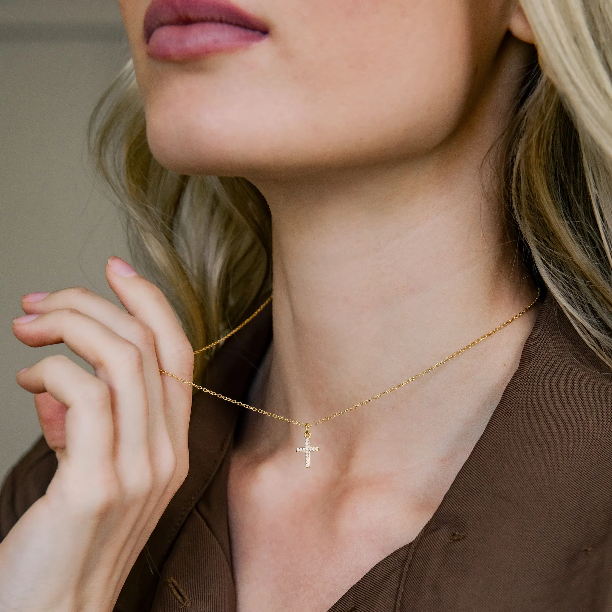 Pavé Cross Necklace - Gold - Image 4